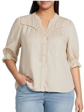 Democracy Plus Size Woven Split V-Neck 3/4 Sleeve Crochet Detail Top 3X